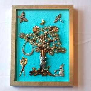 Tree Picture Art on a Light Blue Background with a Light Gold Tone Frame